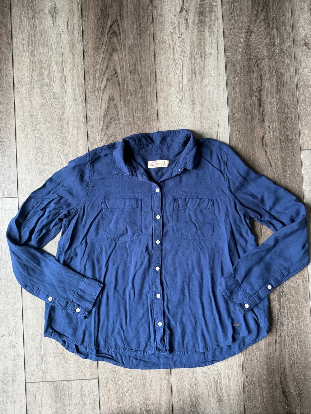 Hollister- Y2K  Preppy Navy Flowy Viscose Button-Up Shirt